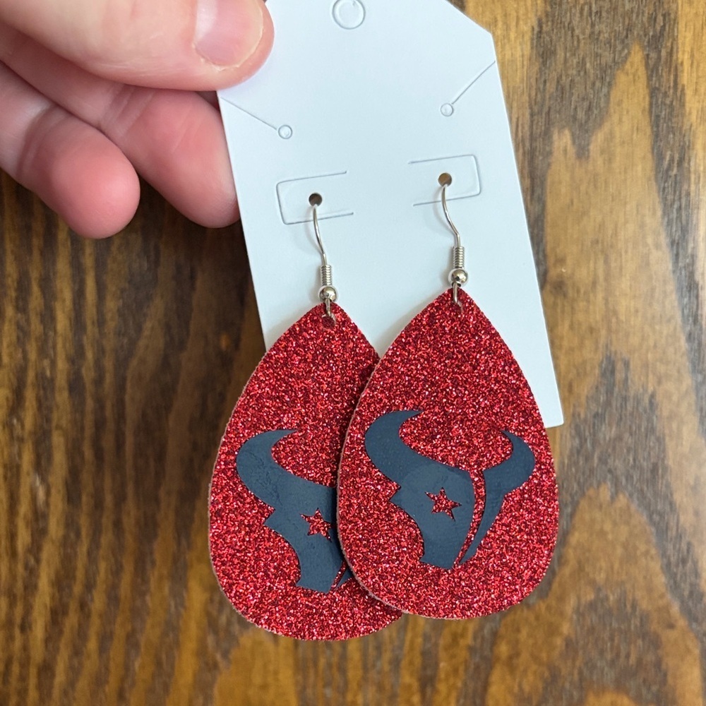 Handmade 2.5” Red Glitter Faux Leather Houston Texans  Earrings NEW